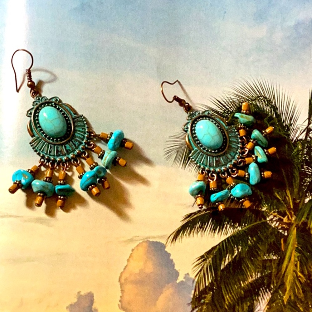 Turquoise Bohemian Style Patina Bronze Earrings